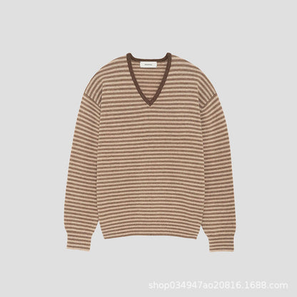 Damen Feinstrickpullover V-Ausschnitt Streifenmuster