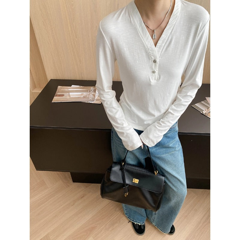 Damen Langarm Henley-Shirt Baumwolle Locker Weiß