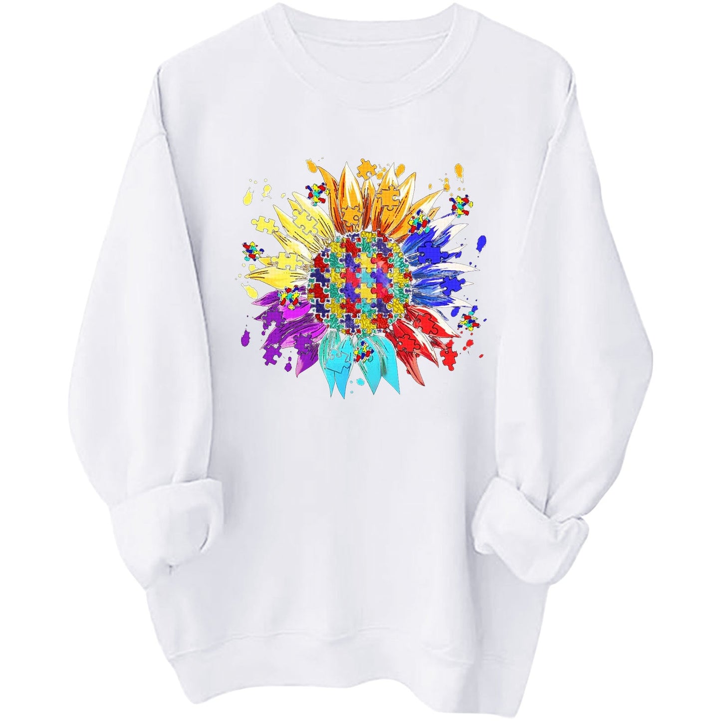 Damen Sweatshirt Puzzle-Blumenmotiv Bequem Norvielle