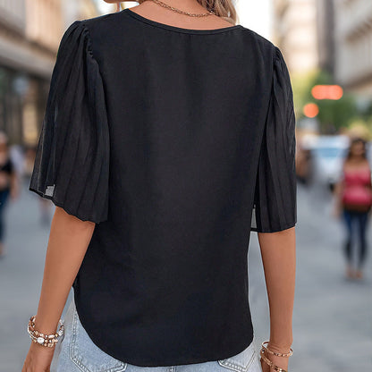 Damen Bluse V-Ausschnitt Plisseeflügelärmel Leicht