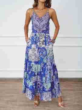 Damen Maxikleid Floralmuster Seitentaschen Norvielle