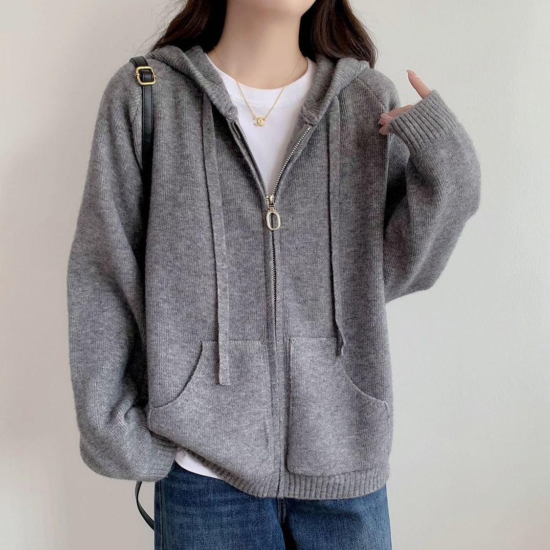 Damen Oversized Kapuzenjacke Kurz Schnitt Praktische Taschen