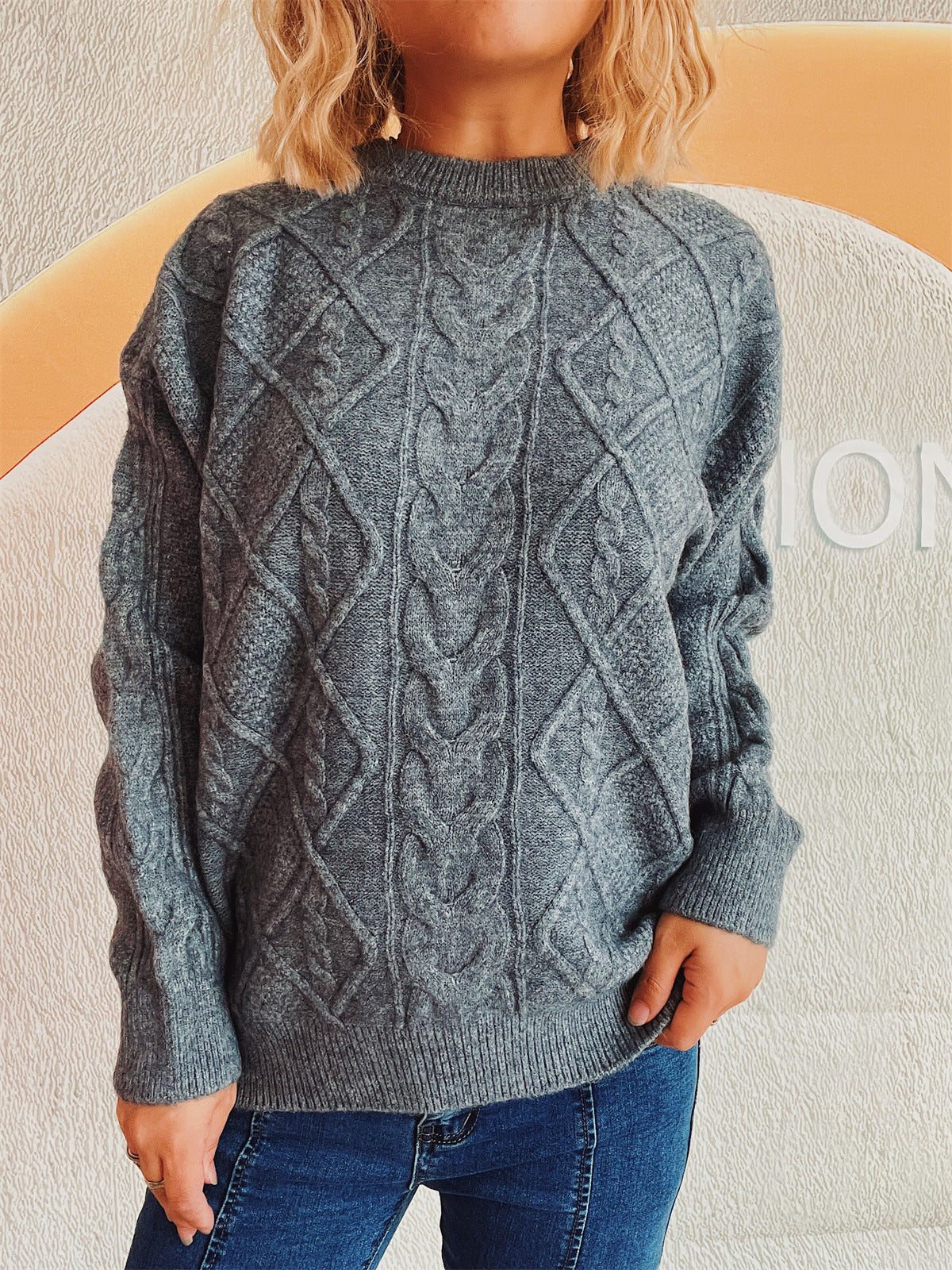 Damen Strickpullover Grobstruktur Zopf-Design Norvielle