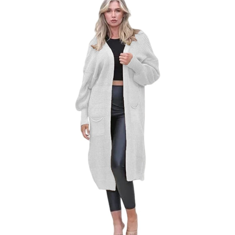 Damen Grobstrick Cardigan Offene Taschen Lässig Beige