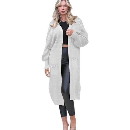 Damen Grobstrick Cardigan Offene Taschen Lässig Beige