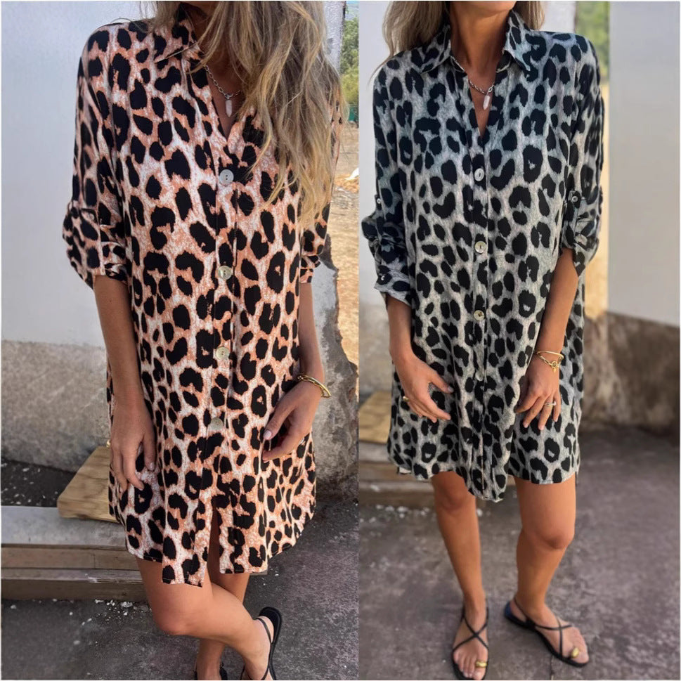 Damen Leopardenmuster Hemdblusenkleid Norvielle - Norvielle