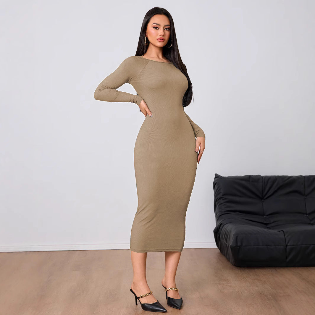 Damen Midi-Kleid Rundhalsausschnitt Länge Knöchel Längsärmel Norvielle