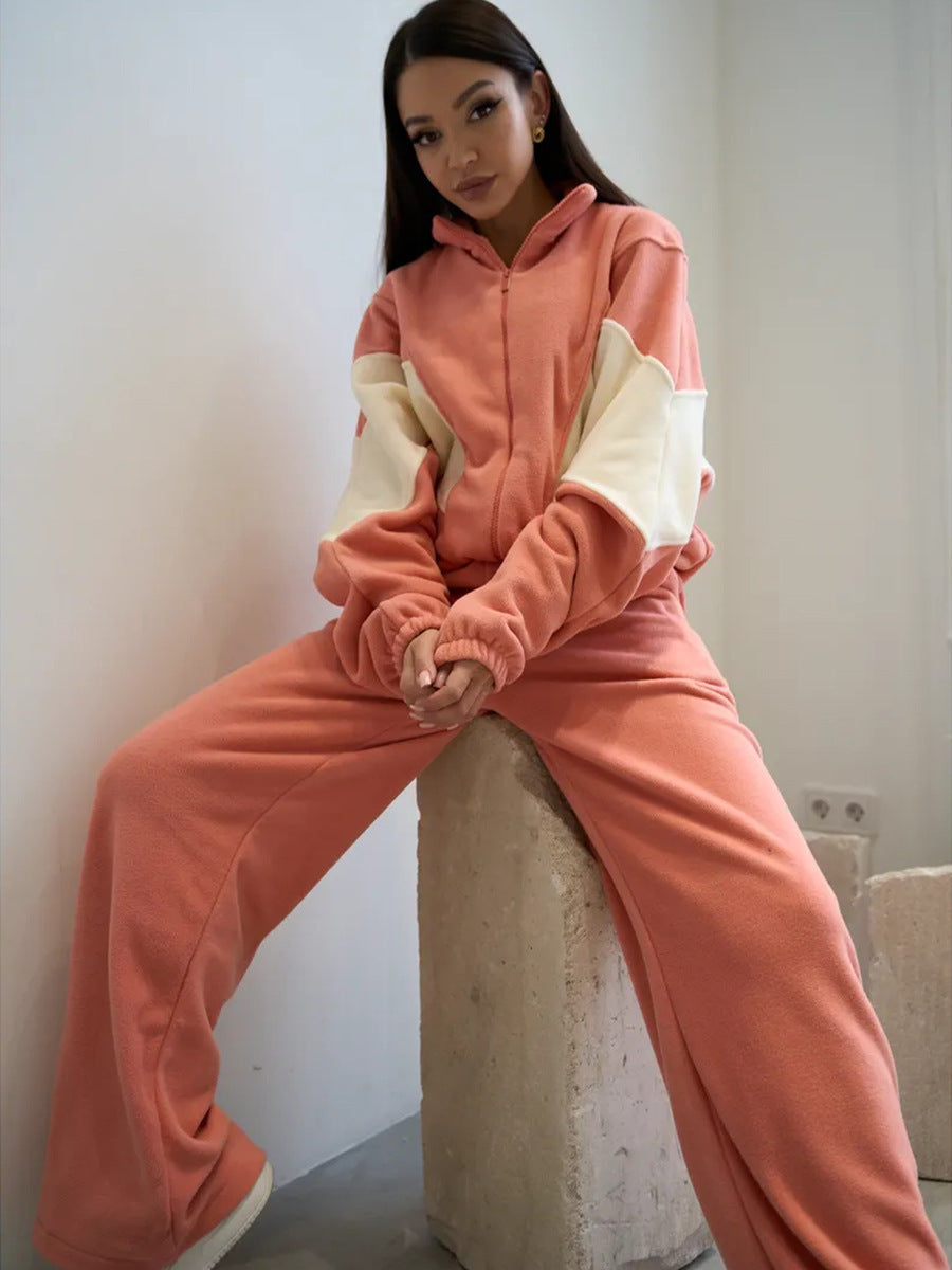 Damen Sportliches Fleece-Set mit hohem Kragen und weiten Hosen