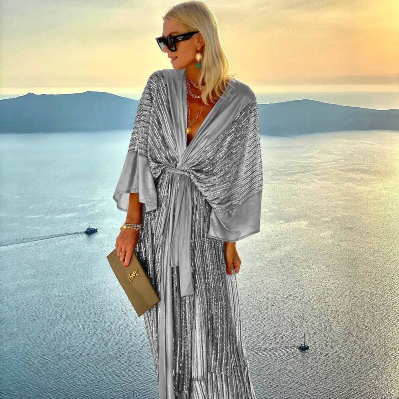 Damen Maxikleid Glitzernd Wickeldesign Fließende Ärmel
