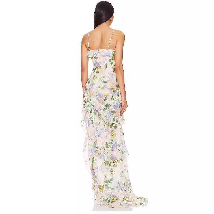 Damen Maxikleid mit Rüschen Floralmuster Tiefem Beinschlitz