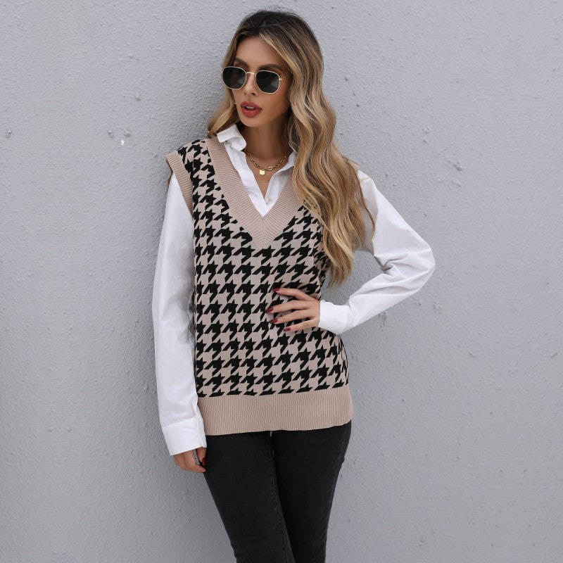 Damen Strickpullover V-Ausschnitt Hahnentrittmuster Norvielle