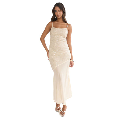 Damen Maxikleid Glitzernd Transparent Asymmetrisch Norvielle