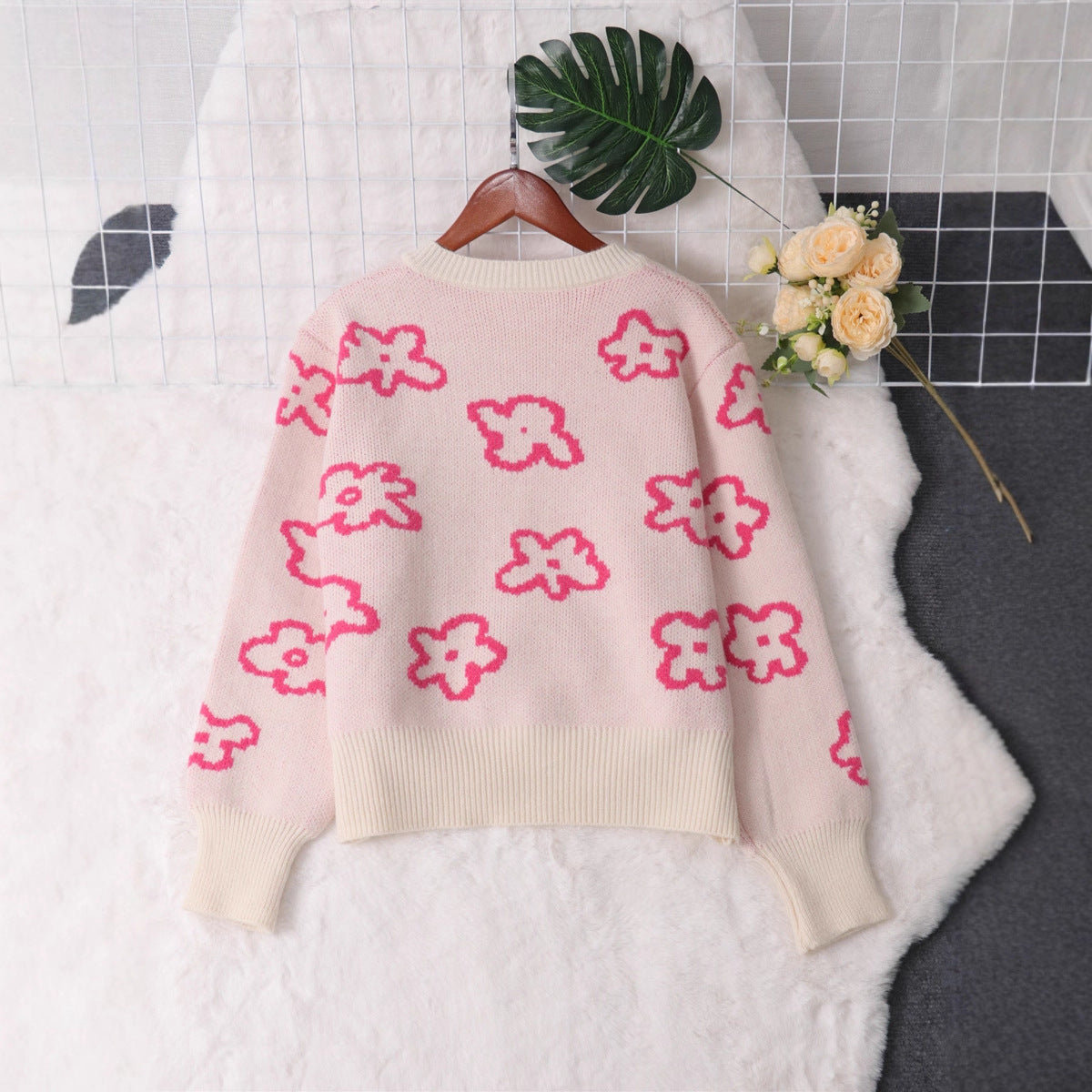 Damen Strickjacke Floralmuster Knöpfe Norvielle