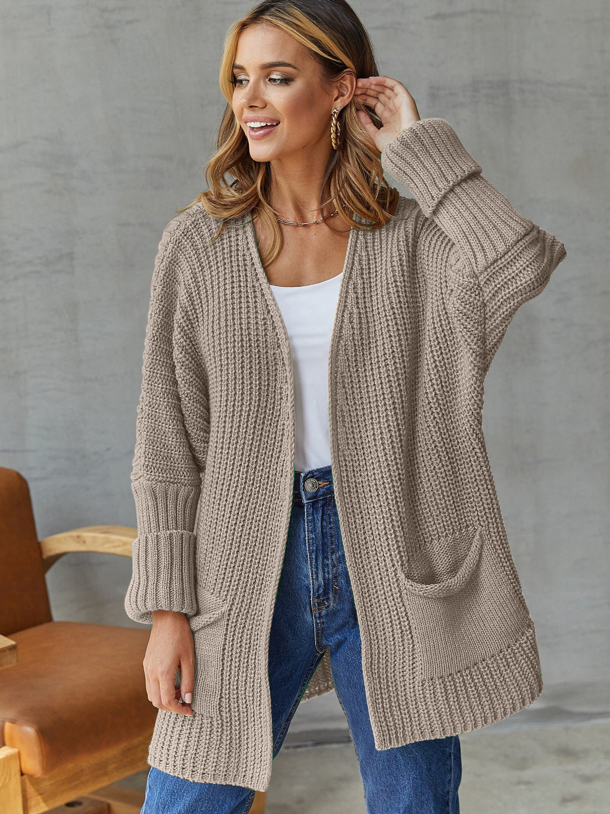 Damen Strickjacke Offene Front Große Taschen Norvielle