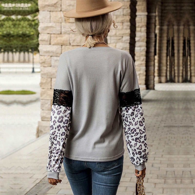 Damen Pullover mit floralem Muster und Leopardenärmeln Norvielle