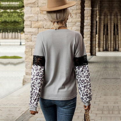 Damen Pullover mit floralem Muster und Leopardenärmeln Norvielle