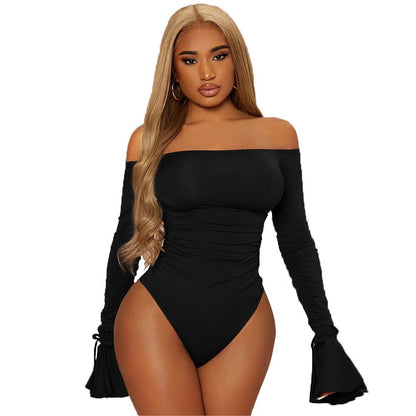 Damen Off-Shoulder Bodysuit Rüschendetails Lange Ärmel Norvielle