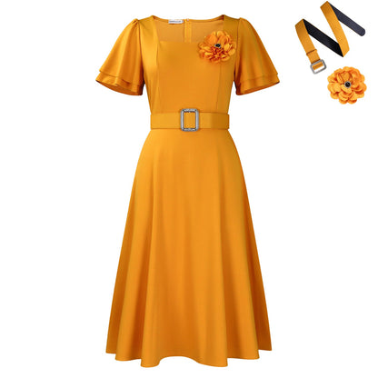 Damen Midi Kleid mit Ruffles Ausschnitt und Breitem Gürtel