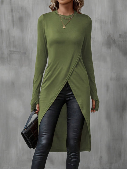 Damen Wickelkleid Langarm Asymmetrisch