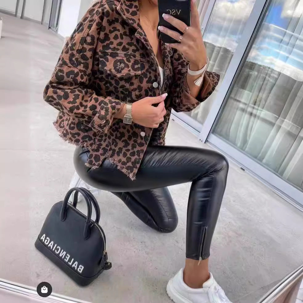 Damen Leoparden-Jeansjacke Oversized Französische Säume