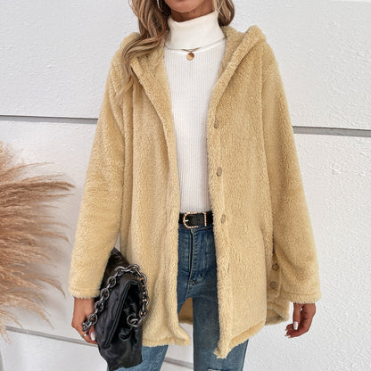 Damen Übergangsjacke Flauschig Mit Kapuze Knopfverschluss Norvielle - Norvielle
