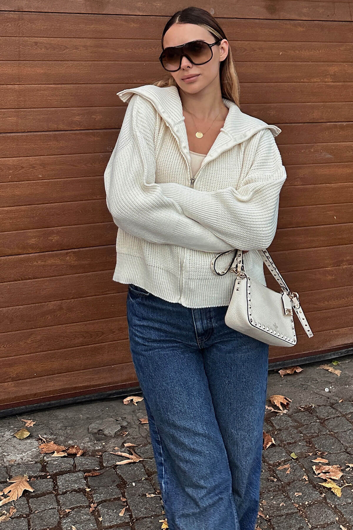 Damen Oversized Strickjacke Norvielle Hochkragen Reißverschluss