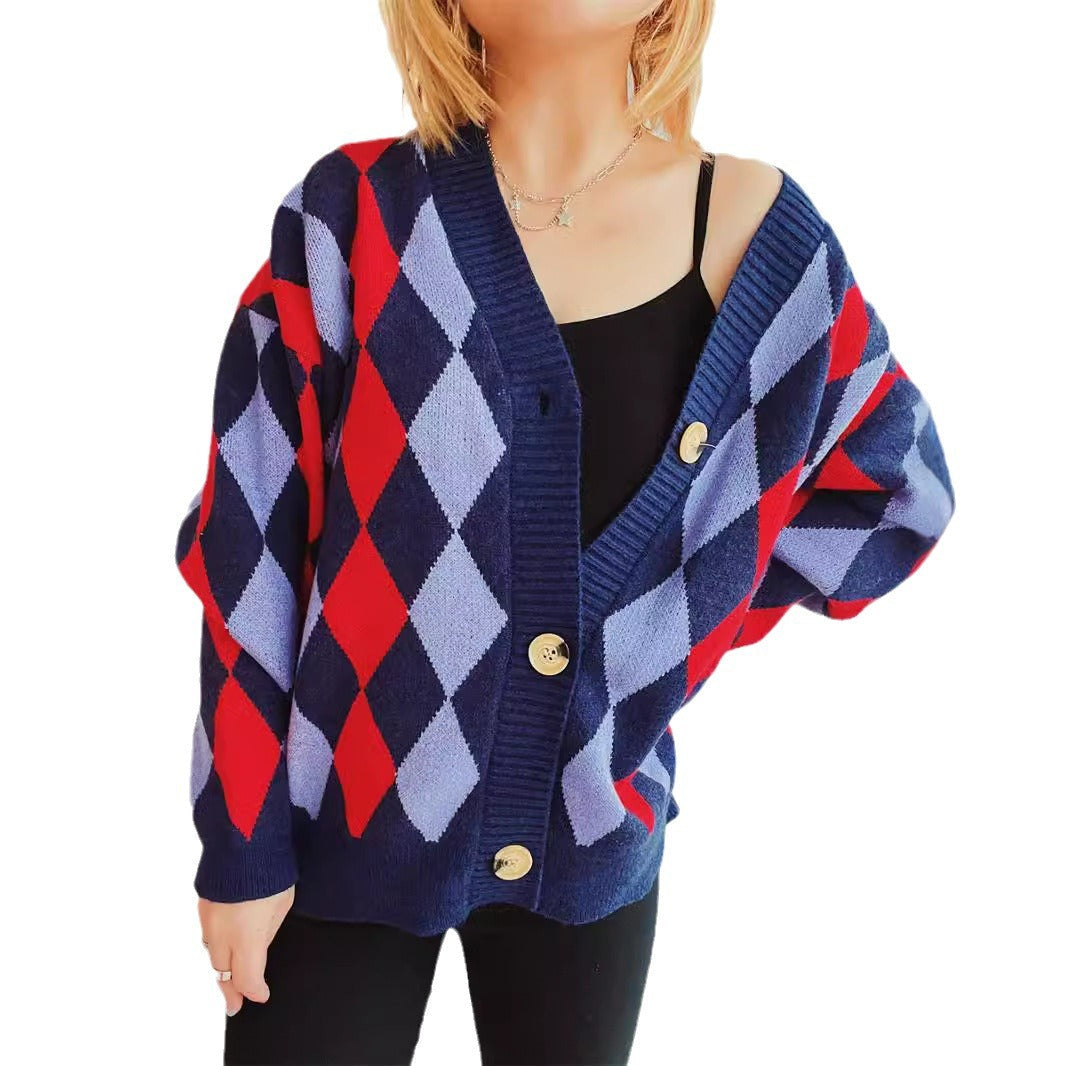 Damen Strickjacke Rautenmuster Große Knöpfe Norvielle