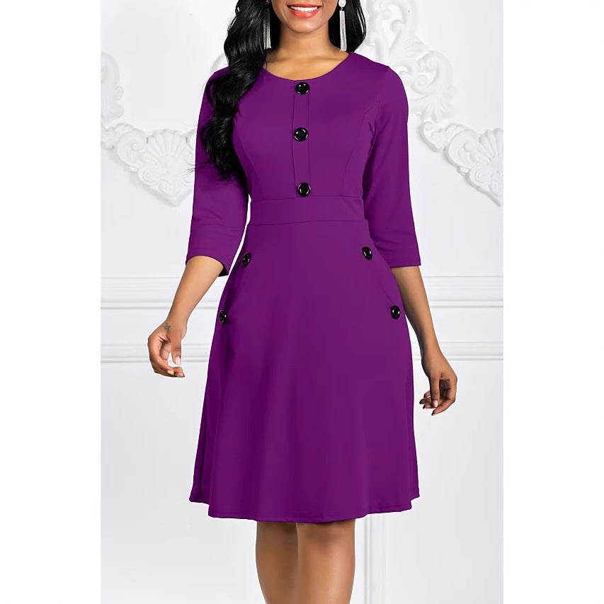 Damen Knieumspielendes Kleid mit Schmuckknöpfen 3/4-Ärmel