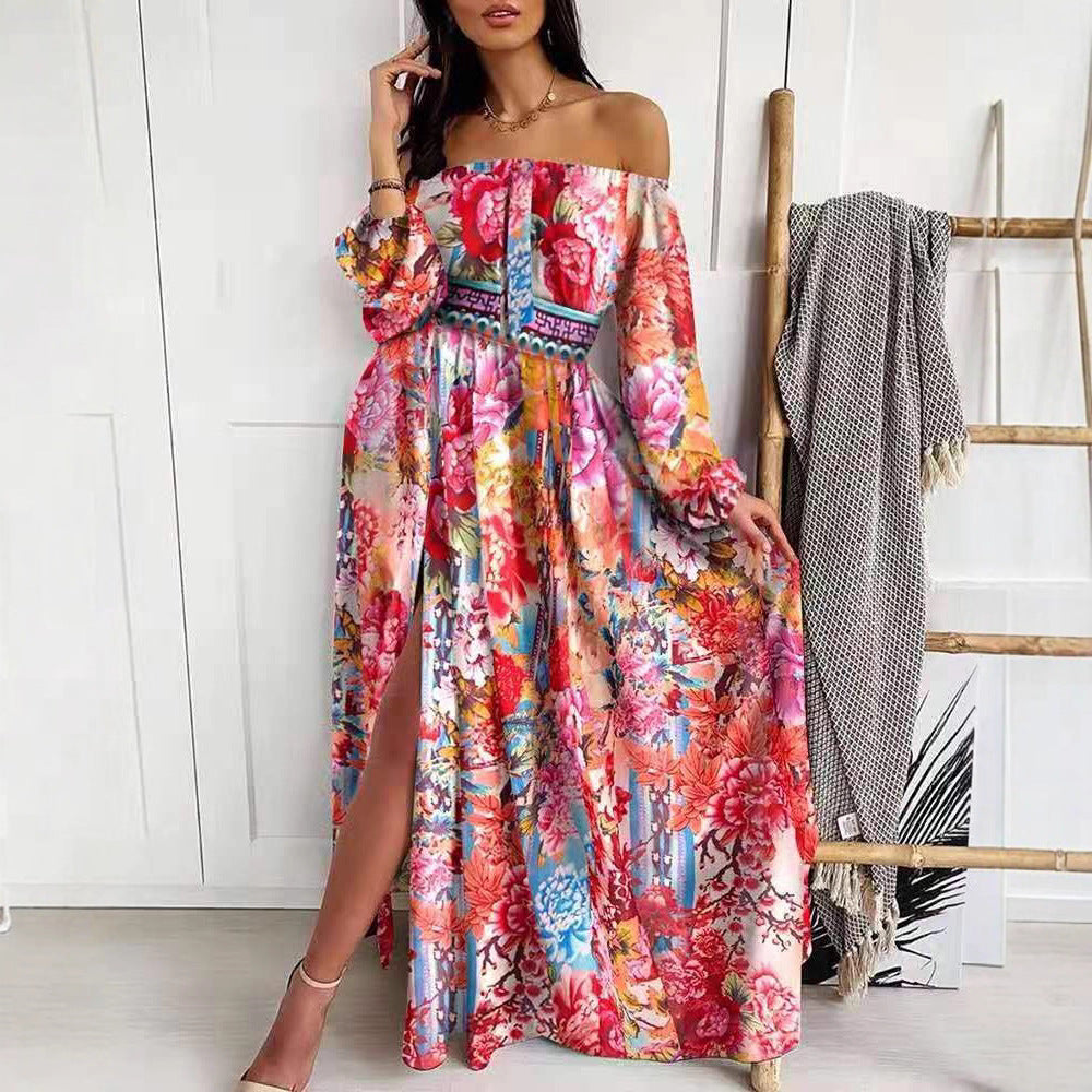 Damen Maxikleid Offene Schulter Barockmuster Norvielle