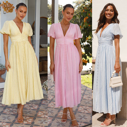 Damen Maxi-Kleid V-Ausschnitt Rüschen Design - Norvielle