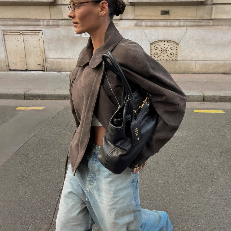 Damen Modische Wildlederjacke mit Taillengürtel
