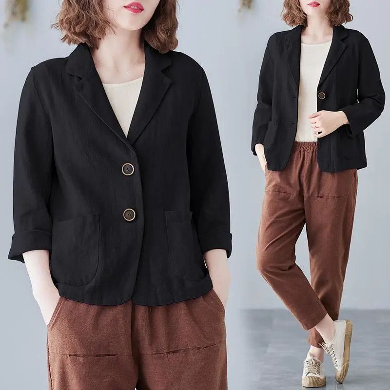 Damen Leinenblazer Lässig Kontrastknöpfe Beige