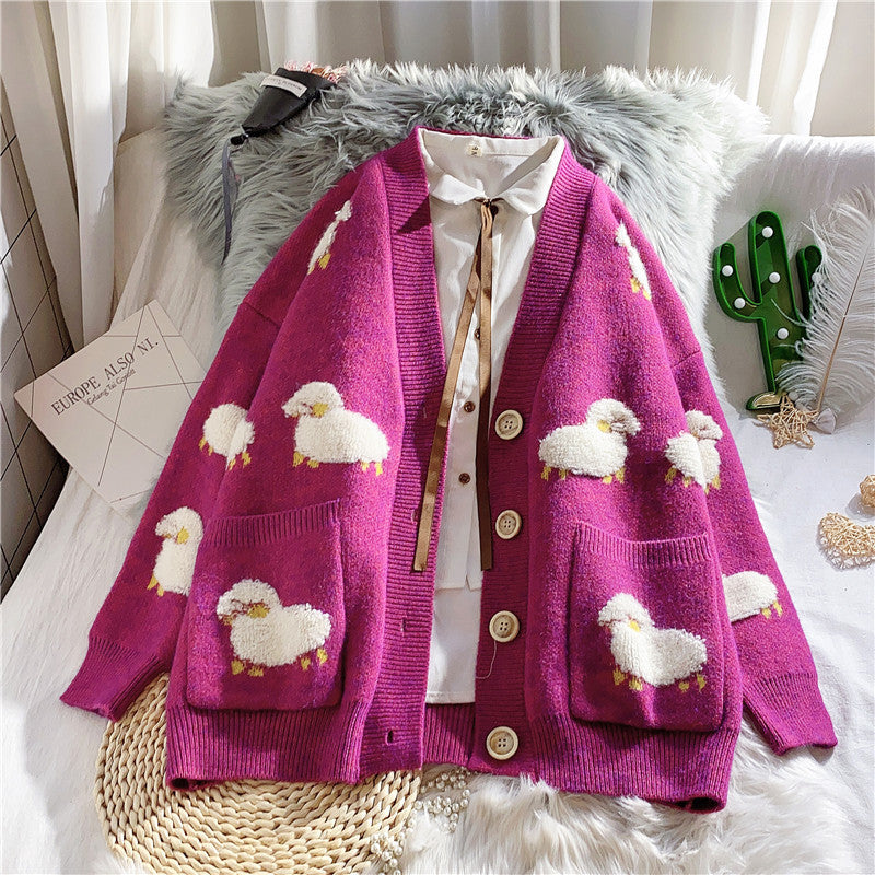 Damen Strickjacke Schafe-Motiv gemustert mit Taschen Norvielle