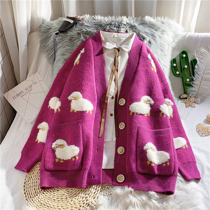 Damen Strickjacke Schafe-Motiv gemustert mit Taschen Norvielle