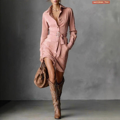 Damen Hemdblusenkleid Tailliert Gürtel Seitentaschen Norvielle