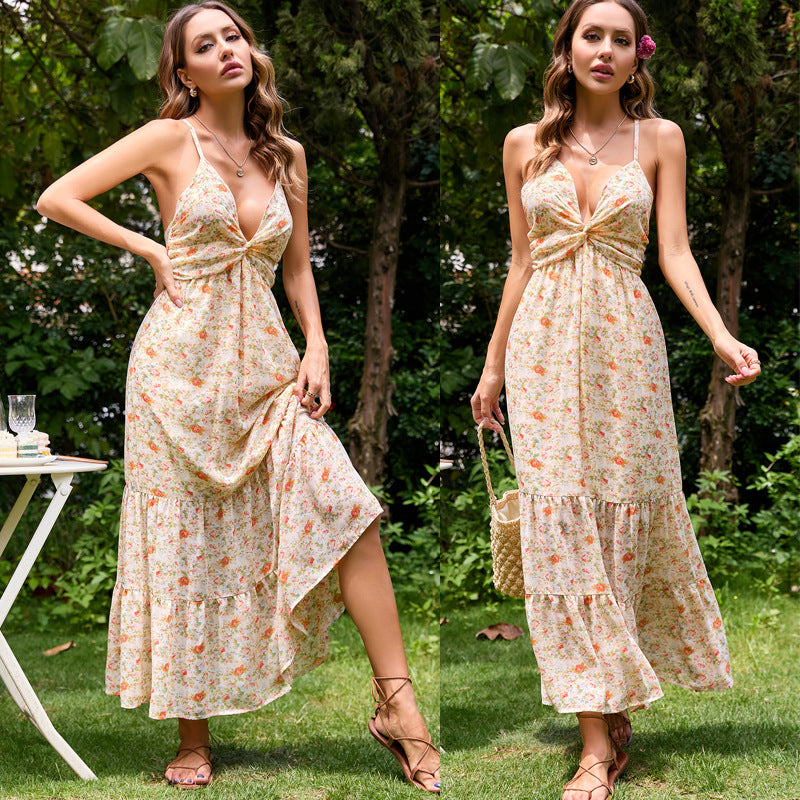 Damen Maxi-Kleid V-Ausschnitt Fließender Rock Norvielle - Norvielle