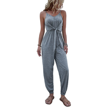Damen Sommerjumpsuit Elastischer Bund Seidenchiffon Beige