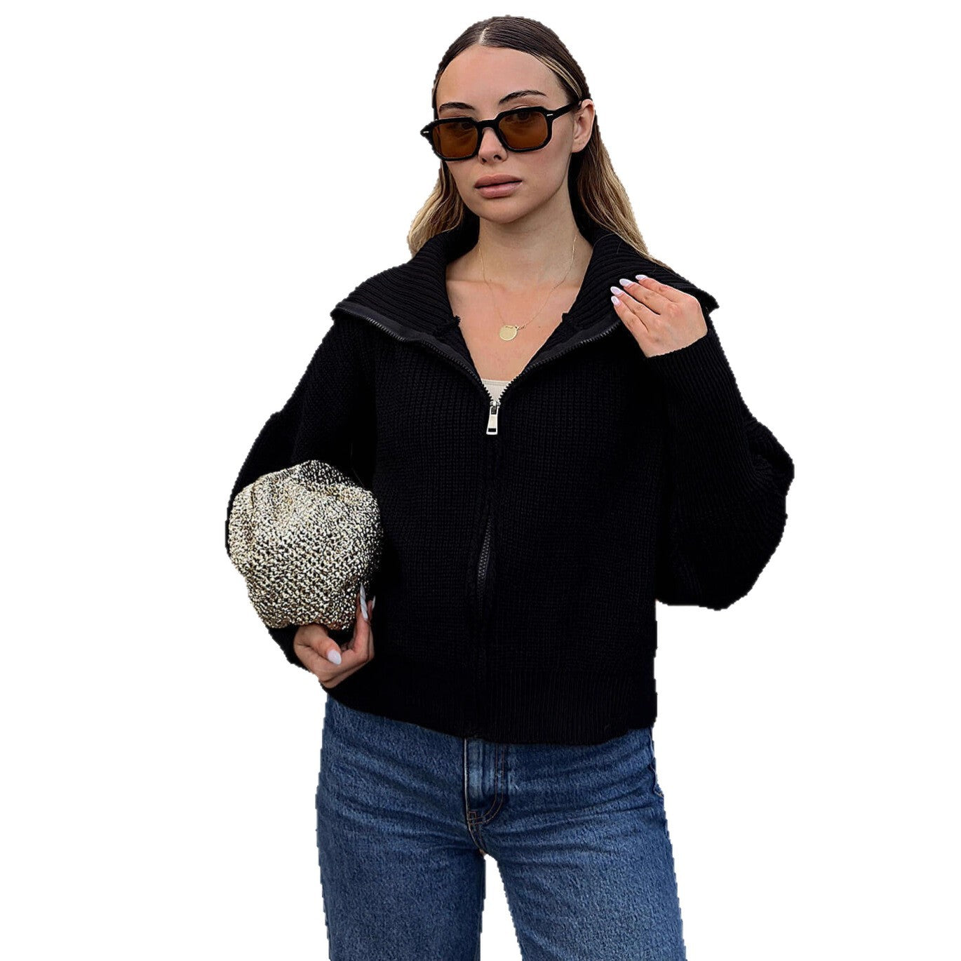 Damen Oversized Strickjacke Norvielle Hochkragen Reißverschluss