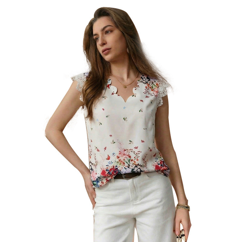 Damen Bluse Floralmuster Spitzenbesatz Norvielle