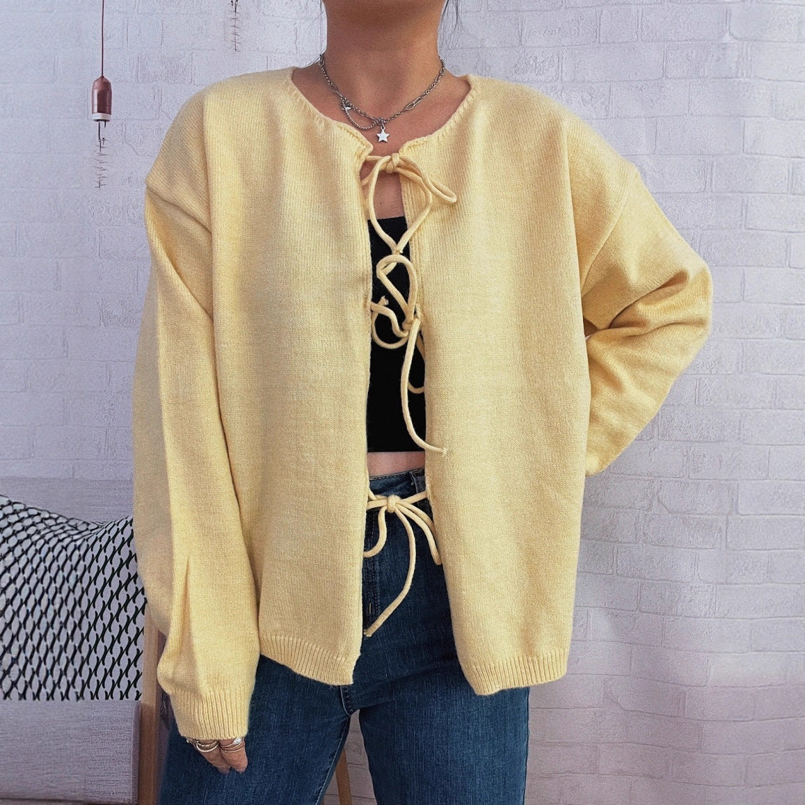 Damen Strickcardigan Lässig Kordelzug Offene Vorderseite Beige