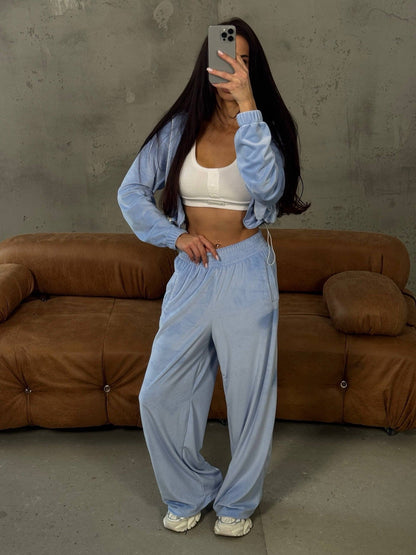 Damen Velours-Loungewear-Anzug Cropped Oberteil Weite Hose Norvielle