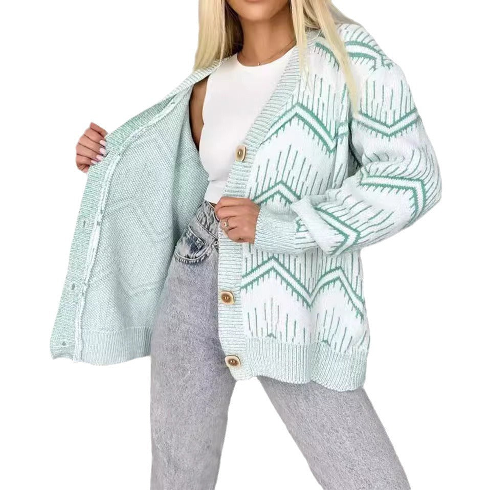 Damen Strickjacke Zigzag-Muster Knöpfe Beige