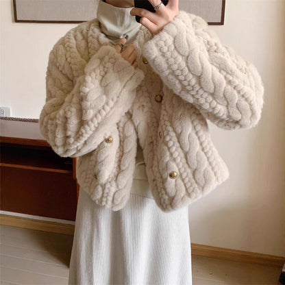 Damen Strickjacke Flauschig Goldknöpfe Beige