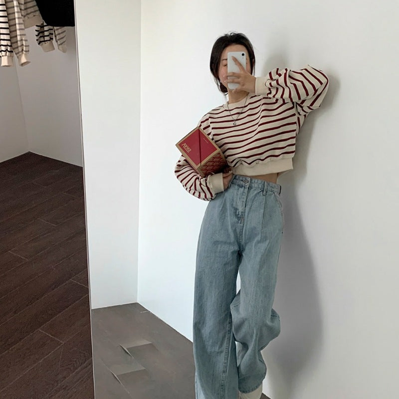 Damen Sweatshirt Streifen Puffärmel Schwarz Weiß - Norvielle