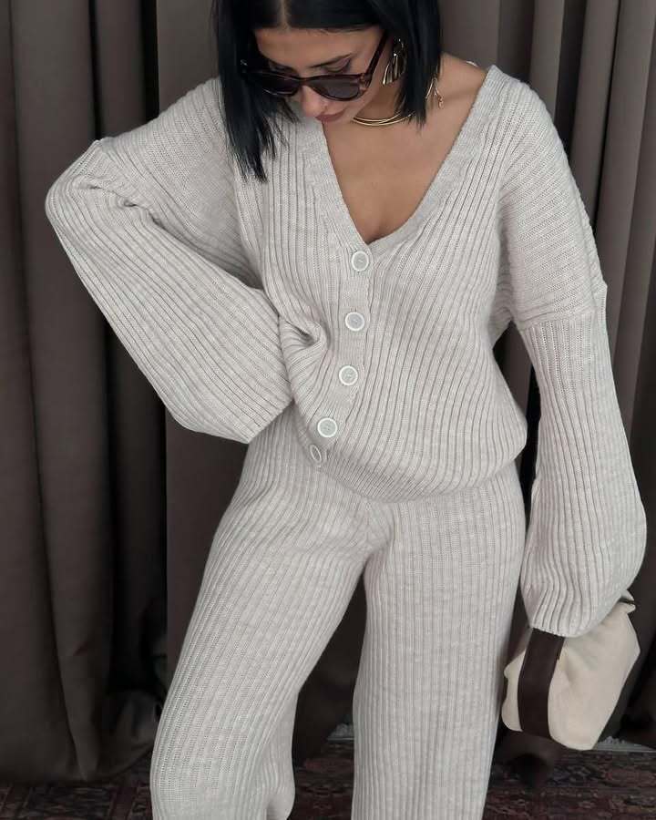 Damen Strick-Loungewear-Set V-Ausschnitt Langärmlig Norvielle