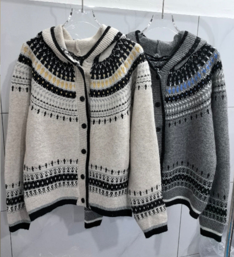 Damen Strickjacke Kapuze Norwegermuster