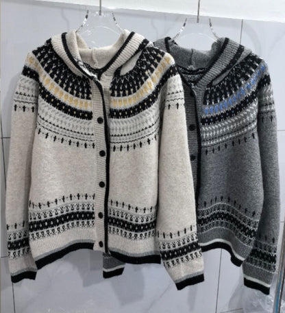 Damen Strickjacke Kapuze Norwegermuster