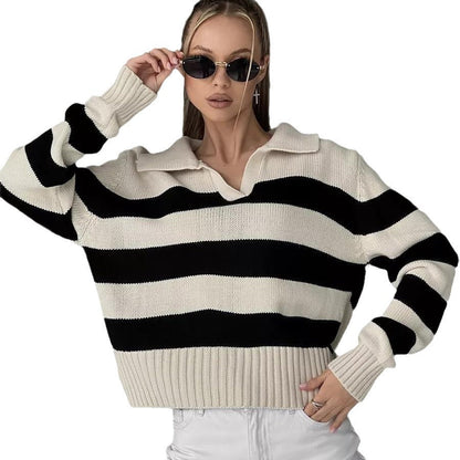 Damen Pullover V-Ausschnitt Breitstreifen Norvielle