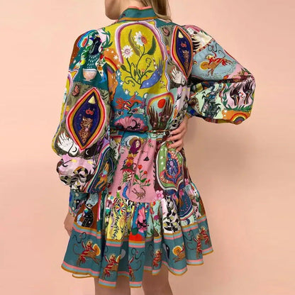 Damen Midikleid Bunt Tier- Blumenmuster Weite Ärmel