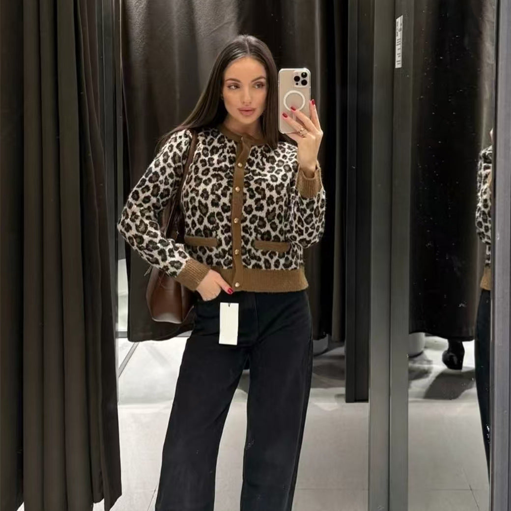 Damen Strickcardigan Animal-Print Mit Taschen Beige - Norvielle